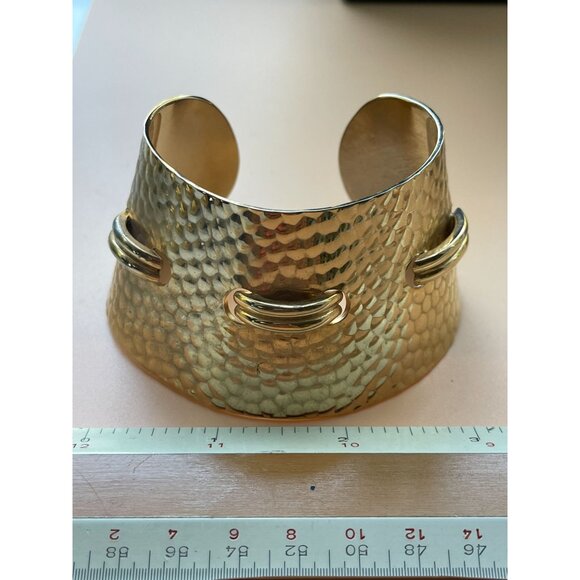 Hammered Gold Plated Ornate Design Cuff Vintage Thick Concave Bracelet Runway 80 - Picture 9 of 14